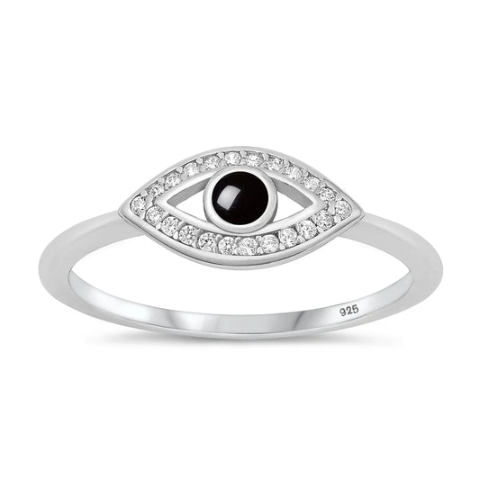Evil Eye Black Onyx with Clear CZ Stones .925 Sterling Silver Ring Size 7