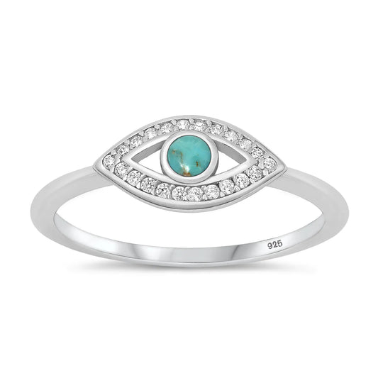 Evil Eye Turquoise Stone Sterling Silver Crystal Ring (Size 7)