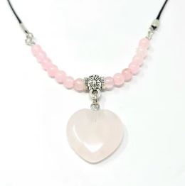 Rose Quartz Heart With Beads Choker On Black Cord Clasp Necklace