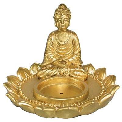 Golden Dhyana Buddha On Lotus Resin Candle & Incense Holder.