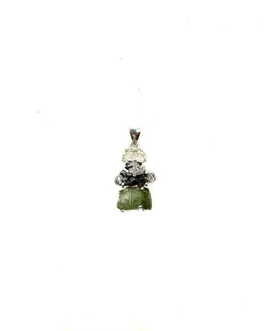 Moldavite Meteorite Herkimer Diamond Quartz .925 Sterling Silver Pendant