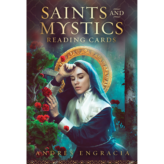 Saints and Mystics Reading Cards by Andrés Engracia – A 36-card deck and 120-page guidebook featuring illustrated profiles of spiritual and mystical figures, offering insights and psychic tips for connection.
