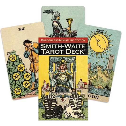 Smith-Waite Tarot Deck Borderless Miniature Edition by Pamela Colman Smith – a 78-card deck featuring iconic borderless artwork from the original 1909 tarot deck, with four bonus cards showcasing Smith's non-tarot illustrations.
