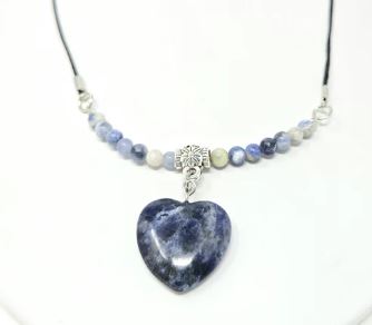Sodalite Heart With Beads Choker On Black Cord Clasp Necklace