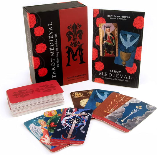 Tarot Médiéval by Caitlín Matthews – 78-card deck with a luminous, dreamlike medieval setting, featuring fully illustrated Major Arcana, Court Cards, and Pip cards, enriched with symbolic, Kabbalistic, and astrological meanings.
