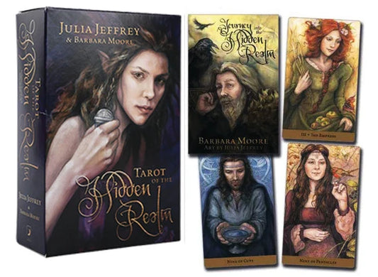 Tarot of the Hidden Realm by Julia Jeffrey & Barbara Moore – 78-card deck featuring ethereal watercolor illustrations of faeries and elemental beings, accompanied by a 240-page guidebook for intuitive readings and spiritual insight.
