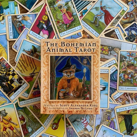 The Bohemian Animal Tarot by Scott Alexander King & Sharon McLeod – 78-card deck featuring anthropomorphic animal-human archetypes in Tudor, Elizabethan, and Romany Gypsy-inspired attire, exploring emotional and spiritual development through symbolic imagery.
