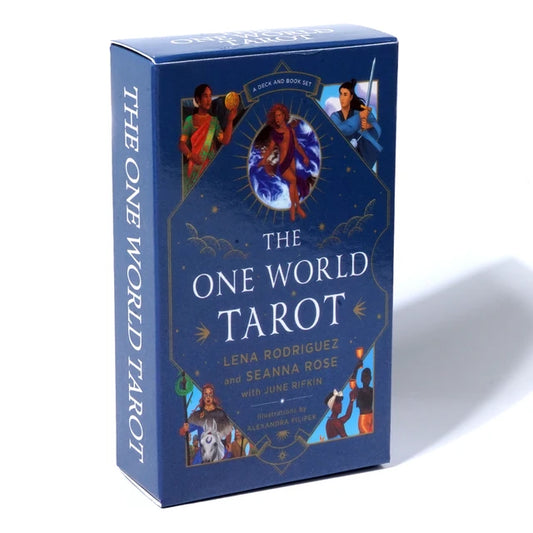 The One World Tarot by Lena Rodriguez & Seanna Rose – 78-card deck and 304-page guidebook featuring inclusive artwork by Alexandra Filipek, embracing global diversity and modern interpretations of traditional tarot symbolism.
