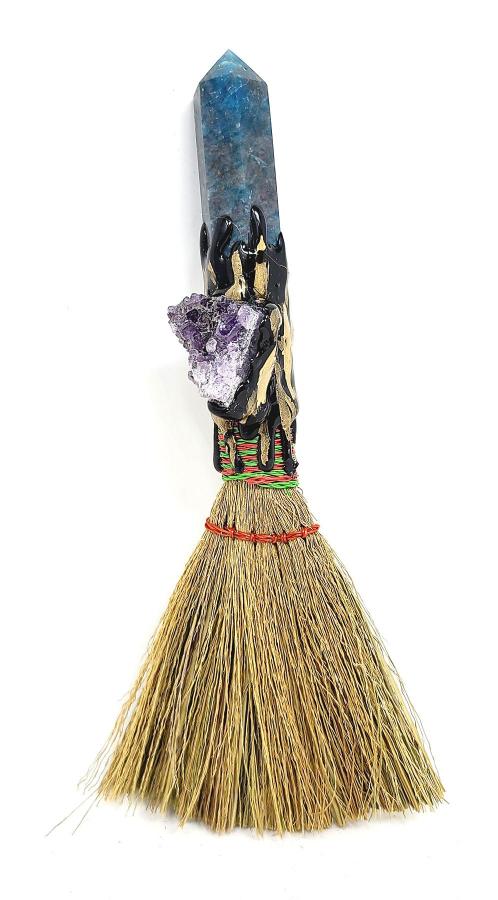 Blue Apatite Crystal Point Amethyst Altar Broom 7-8"