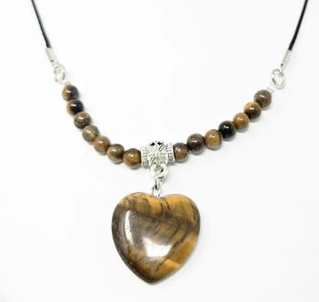 Tiger Eye Heart With Beads Choker On Black Cord Clasp Necklace