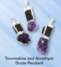 Black Tourmaline With Amethyst Druze Silver Plated Pendant