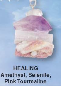 Healing: Amethyst, Pink Tourmaline, Selenite Stacked Natural Stone Positive Vibe Pendant