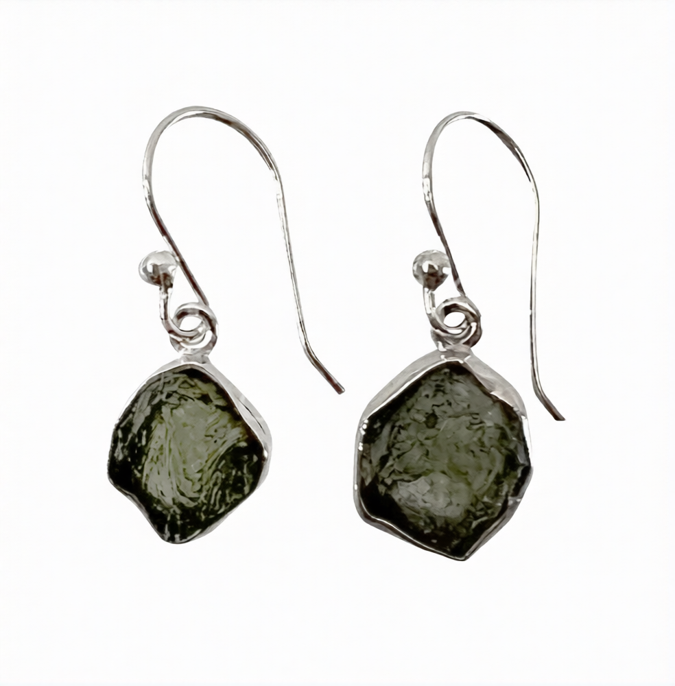 Moldavite Natural Raw Sterling Silver Earrings