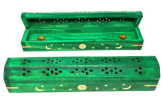 Celestial Inlaid Wood Incense Box Burner Green 12"L