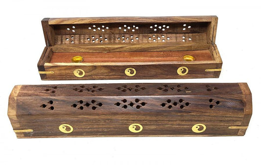 Yin Yang Wood Incense Box Burner 12"L