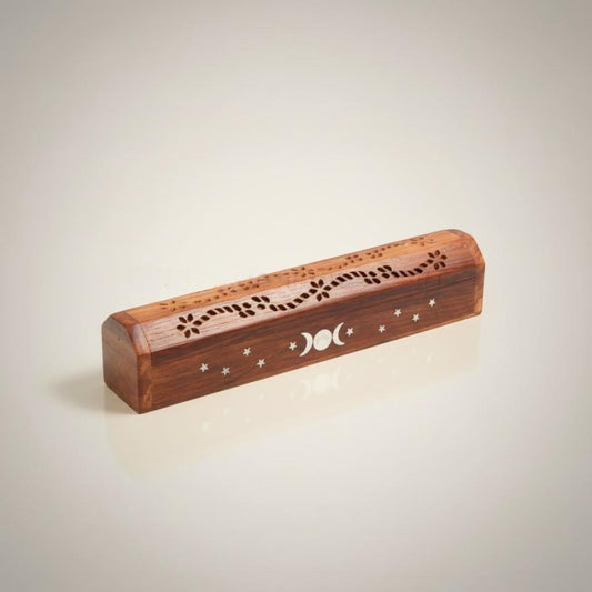 Triple Moon Wood Incense Box Burner 12"L