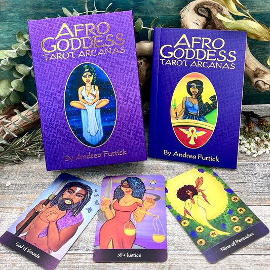 Afro Goddess Tarot Arcanas by Andrea Furtick – an inclusive 80‑card deck celebrating goddess archetypes with holographic art.
