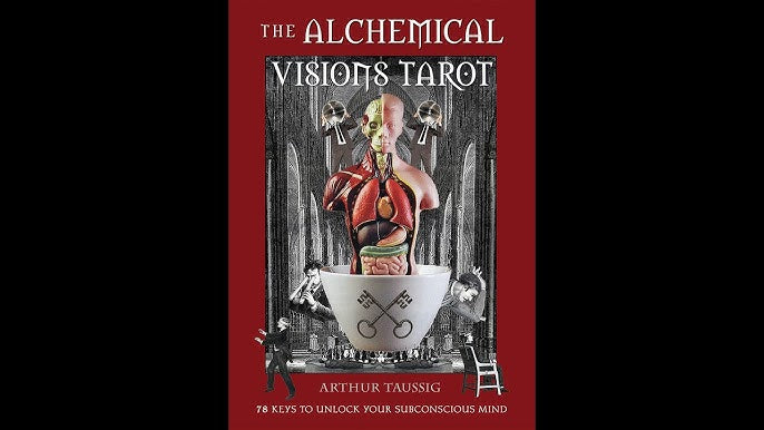 The Alchemical Visions Tarot by Arthur Taussig – 78 oversized cards featuring surreal collage artwork blending Jungian psychology, alchemy, and mysticism, accompanied by a 192-page guidebook for deep introspection and personal transformation.
