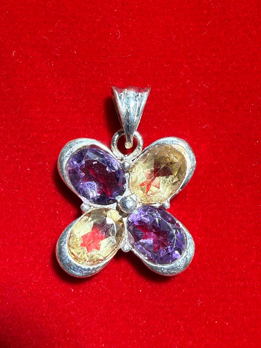Amethyst and Citrine Sterling Silver Pendant – vibrant dual crystal jewelry combining calming amethyst and joyful citrine for balance and positivity.
