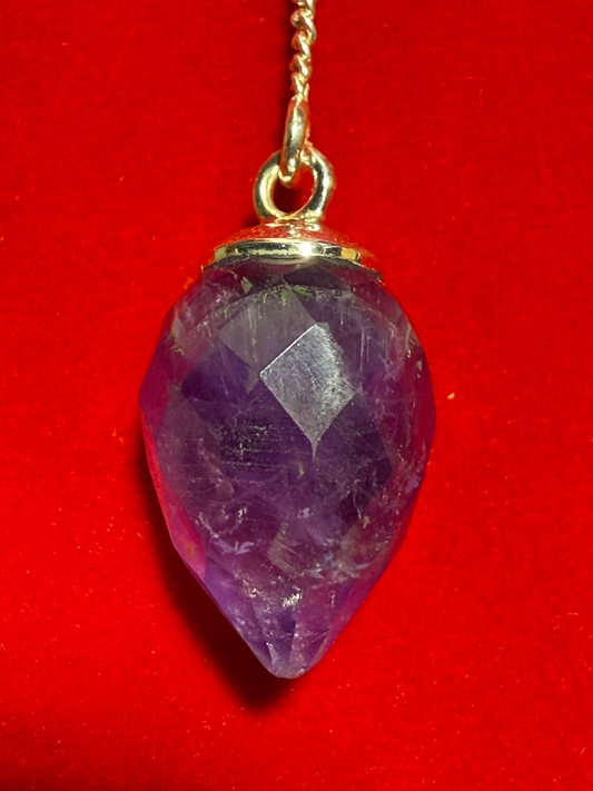 Amethyst Faceted Drop Sterling Silver Pendulum – elegant divination tool featuring faceted amethyst drop crystal symbolizing healing and intuition.
