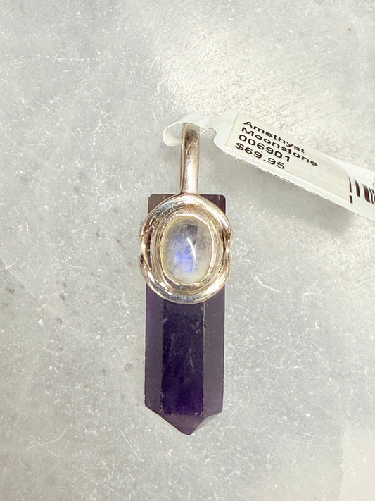 Amethyst Moonstone Wand Point Pendant – silver crystal wand for intuition, clarity, and emotional harmony.