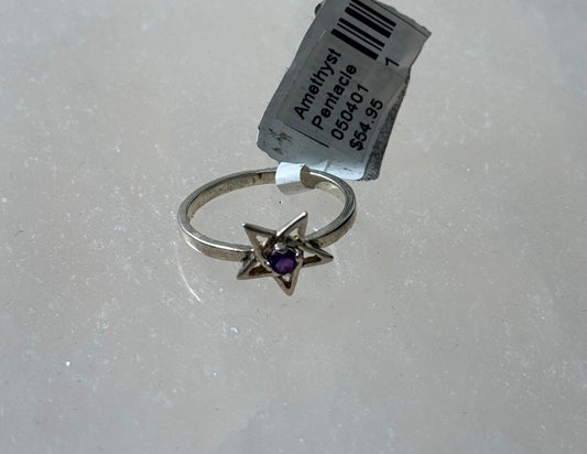 Amethyst Pentacle Sterling Silver Ring Size 7 – spiritual amethyst stone with pentacle design set in sterling silver, perfect for meaningful jewelry.
