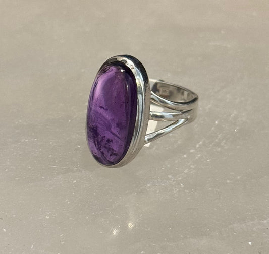 Amethyst Sterling Silver Ring size 9 – vibrant purple crystal jewelry known for spiritual insight, healing, and calming energy.
