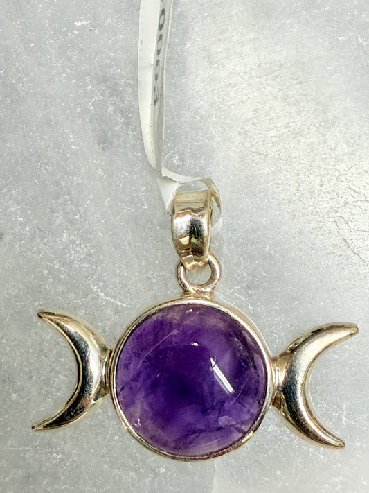Amethyst Triple Goddess Sterling Silver Pendant – spiritual crystal jewelry honoring divine feminine and inner wisdom.