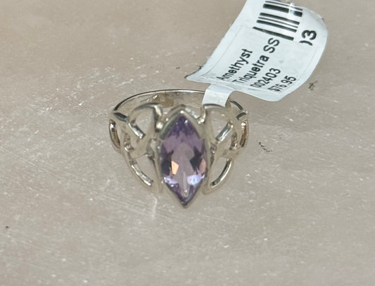 Amethyst Triquetra Sterling Silver Ring size 6 – elegant purple crystal jewelry featuring triquetra design symbolizing unity, protection, and spiritual insight.
