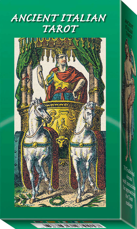 Ancient Italian Tarot by Lo Scarabeo – a 78-card deck featuring 19th-century Italian artwork inspired by the Marseilles tradition, with vibrant greens, muted reds, and vivid golds.

