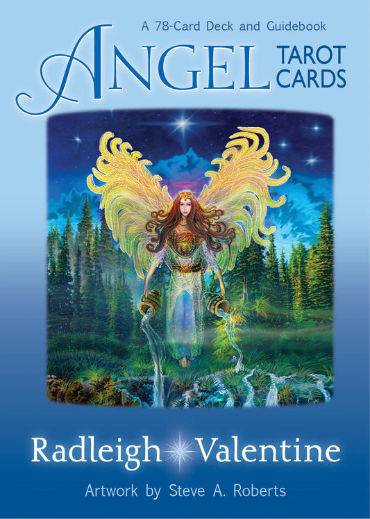Angel Tarot Cards by Radleigh Valentine – a luminous 78-card deck blending angelic guidance with tarot insight for spiritual clarity and personal growth.
