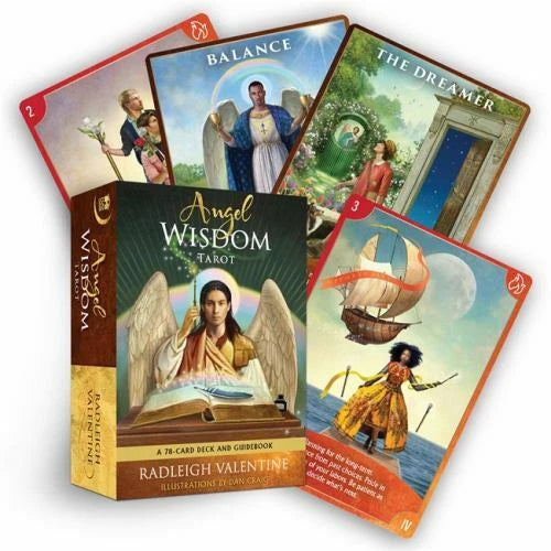 Angel Wisdom Tarot by Radleigh Valentine – a heart-centered tarot deck blending angelic insight and soulful guidance.
