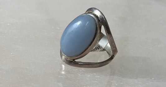 Angelite Sterling Silver Ring Size 6 – soothing pale blue angelite stone set in sterling silver, ideal for calming and stylish jewelry.
