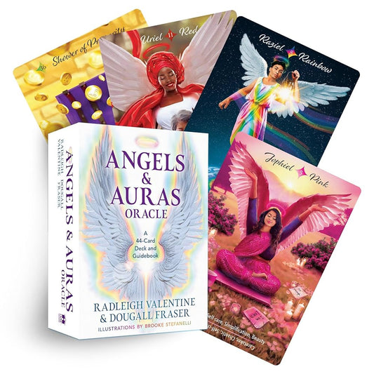Angels & Auras Oracle by Radleigh Valentine & Dougall Fraser – a radiant 44‑card deck offering angelic messages through color‑aura insights for spiritual growth.
