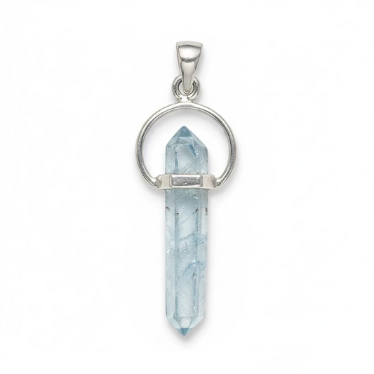 Aqua Aura Quartz Point Sterling Silver Pendant – radiant blue crystal jewelry featuring quartz point known for healing, clarity, and positive energy.
