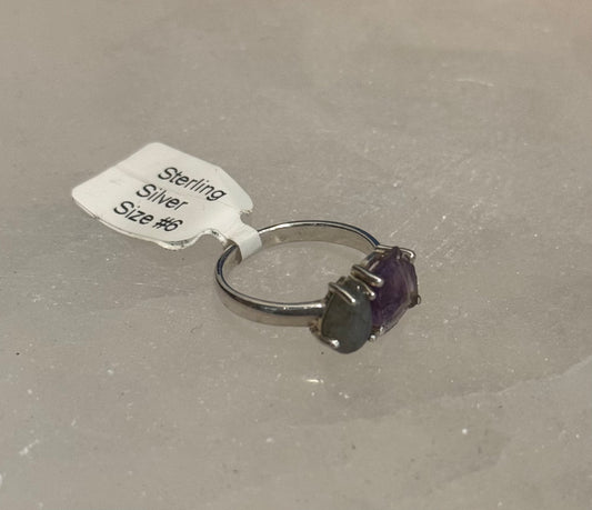 Aquamarine & Amethyst 2 Stone Raw Polished Sterling Silver Crystal Ring size 6 – unique dual crystal jewelry combining calming blue and purple stones for balance and clarity.
