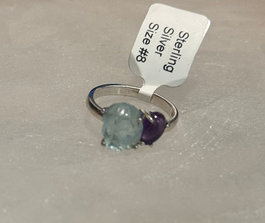 Aquamarine Amethyst Sterling Silver Ring size 8 – elegant dual crystal jewelry combining calming blue and purple stones for balance and clarity.
