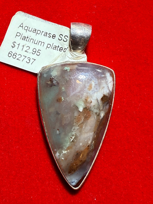 Aquaprase Oval/Triangle SS Platinum Plated Pendant (Greece) – elegant silver jewelry with platinum plating featuring oval and triangle aquaprase stones symbolizing healing and balance.
