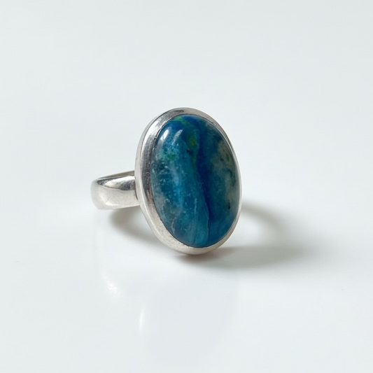 Azurite Shattuckite Dioptase Sterling Silver Ring Size 6 – striking multi-stone ring combining azurite, shattuckite, and dioptase in sterling silver.
