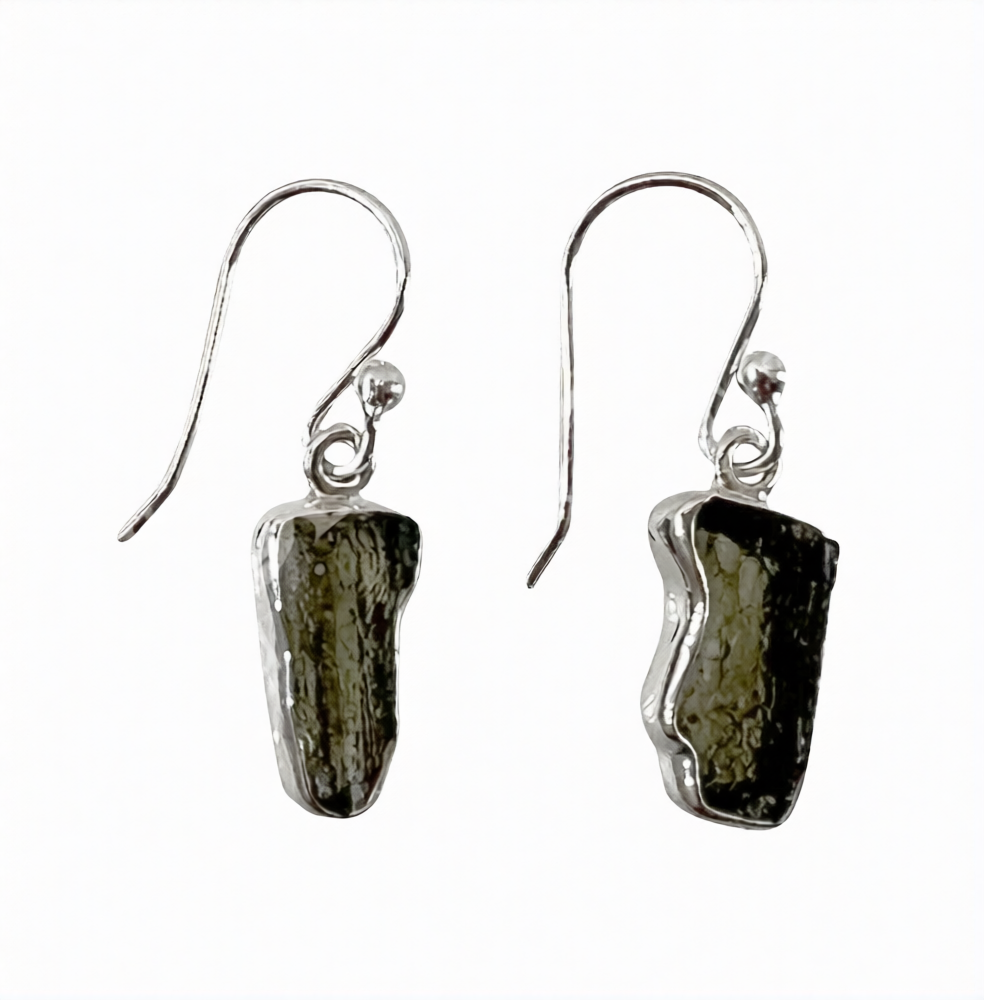 Moldavite Natural Raw Sterling Silver Earrings