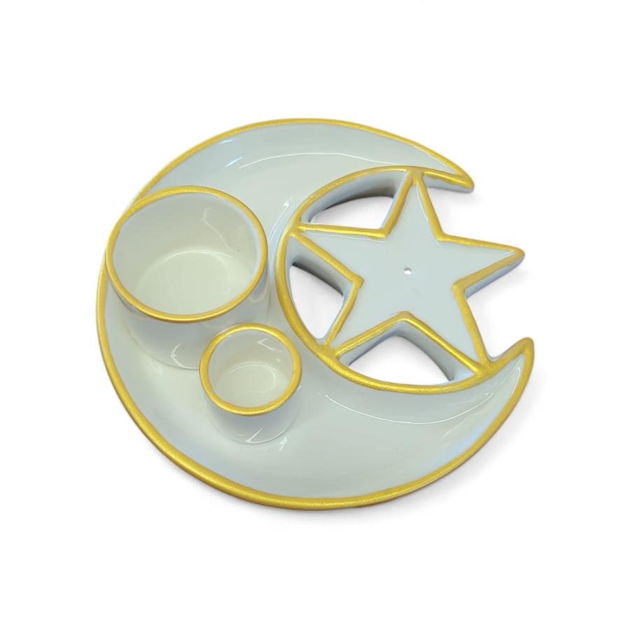 White & Gold Crescent Moon Star Style #20H – 6" Ceramic Burner for Smudge Sticks, Palo Santo & Incense