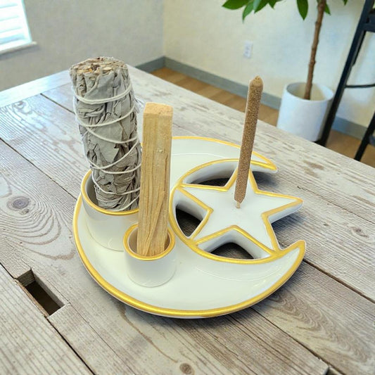White & Gold Crescent Moon Star Style #20H – 6" Ceramic Burner for Smudge Sticks, Palo Santo & Incense