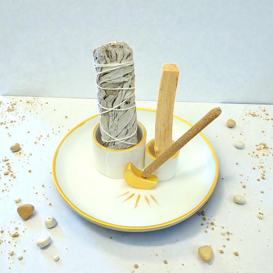 White & Gold Crescent Moon Design Style #20I – 6" Ceramic Burner for Smudge Sticks, Palo Santo & Incense