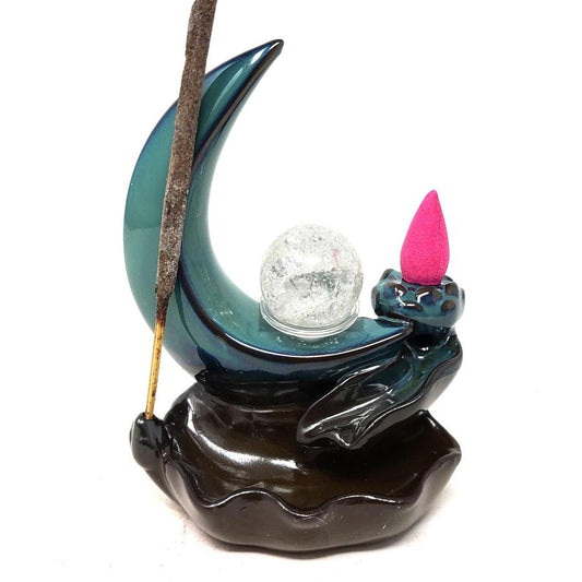 Crescent Moon Crytal Ball Waterfall Backflow Cone Incense Burner 4"W x 5.5"H
