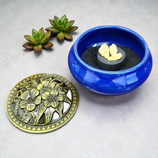 Royal Blue Ceramic Incense Burner Bowl with Lid – 3.75” (Fireproof Felt Pad Included)