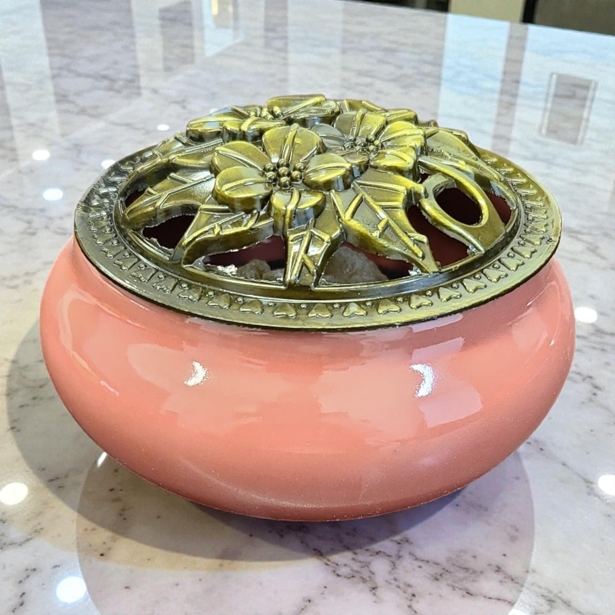 Burgundy Pink Ceramic Incense Burner Bowl with Floral Lid – 3.75” Charcoal Incense Burner with Fireproof Felt Pad