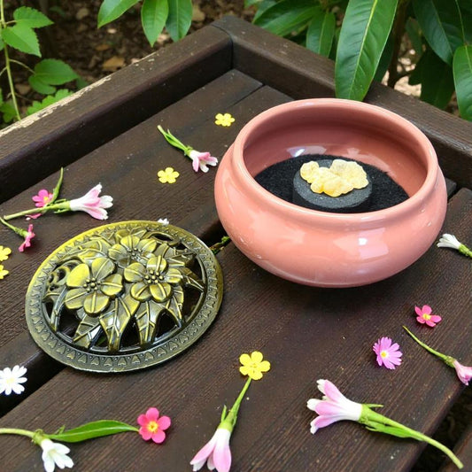 Burgundy Pink Ceramic Incense Burner Bowl with Floral Lid – 3.75” Charcoal Incense Burner with Fireproof Felt Pad