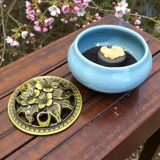 Sea Blue Ceramic Incense Burner Bowl with Floral Lid – 3.75” Charcoal Incense Burner with Fireproof Felt Pad