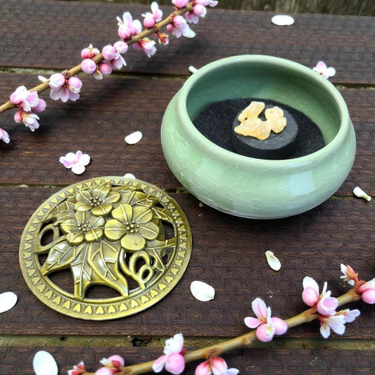 Mint Green Ceramic Incense Burner Bowl with Floral Lid – 3.75” Charcoal Burner with Fireproof Felt Pad