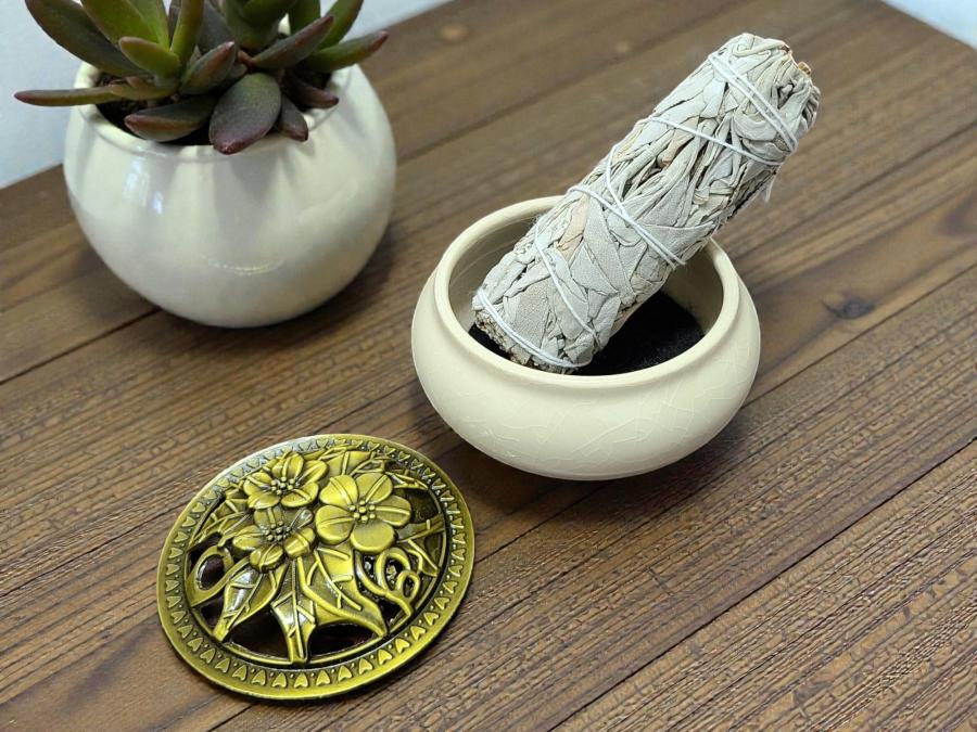 White Ceramic Incense Burner Bowl with Floral Lid – 3.75” Charcoal Incense Holder with Fireproof Felt Pad